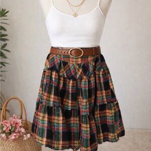 Oli + Hali Boho Plaid Tiered Midi Skirt | Size Large | Fall Cottagecore